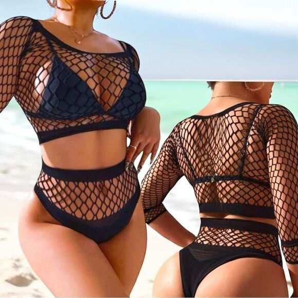 SXY l 2-piece l Long-sleeve Fishnet Set l Black l OS l New - Picture 1 of 7